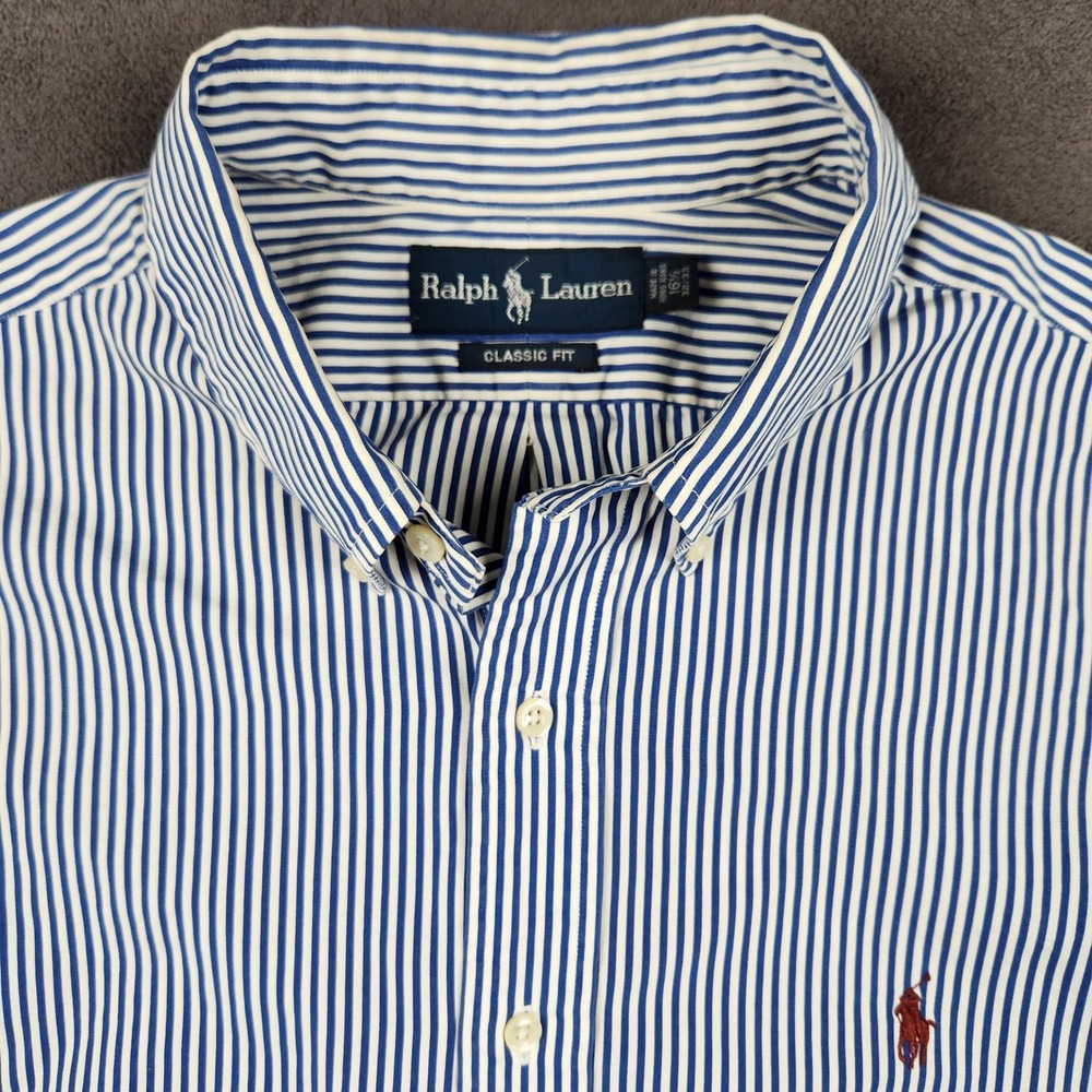 Ralph Lauren Shirt Mens 16.5 32/33 Blue White Striped Classic Fit Button Up Pony